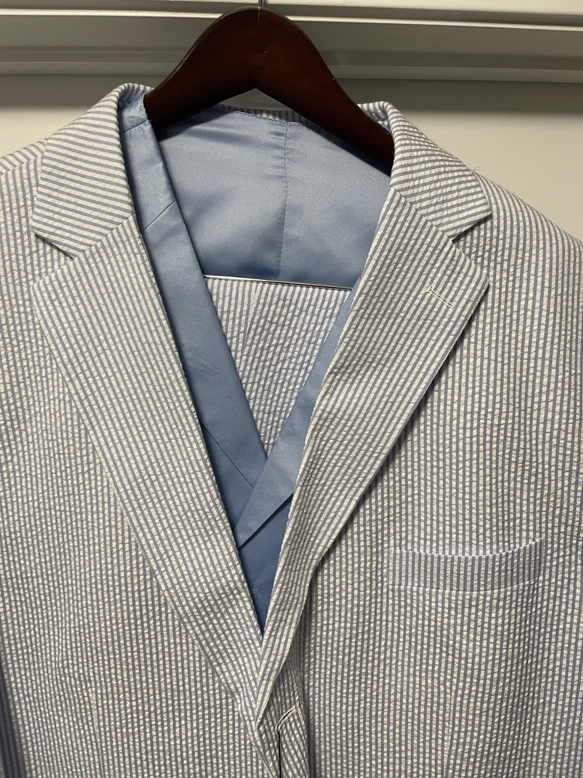 Blue Seersucker 3 Piece Suit 50 L 45 Waist Unhemed NWT Wedding! Southern Charm!