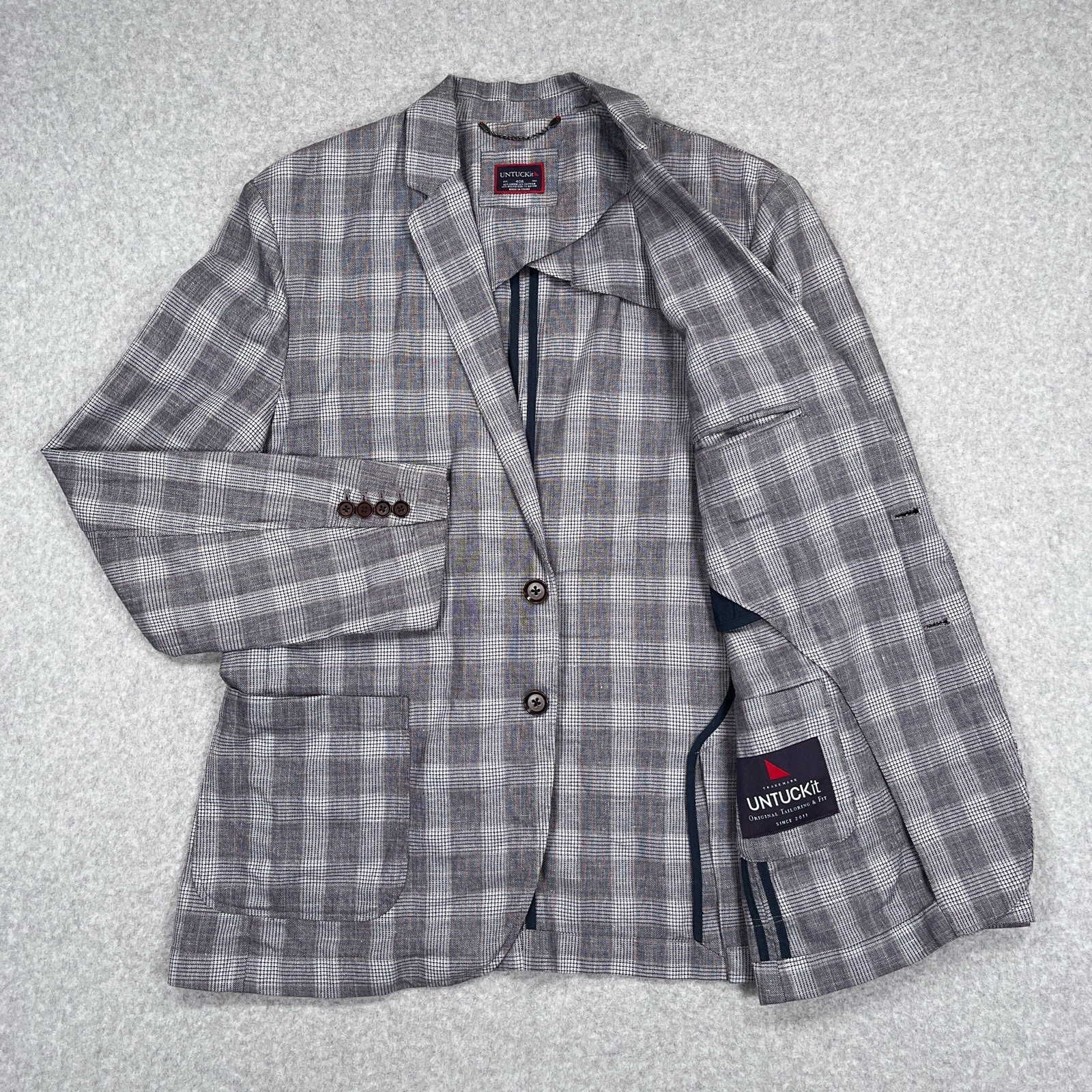 UNTUCKit Blazer 40R Gray Glen Plaid Linen Unstructured Sport Coat Surgeon Cuffs