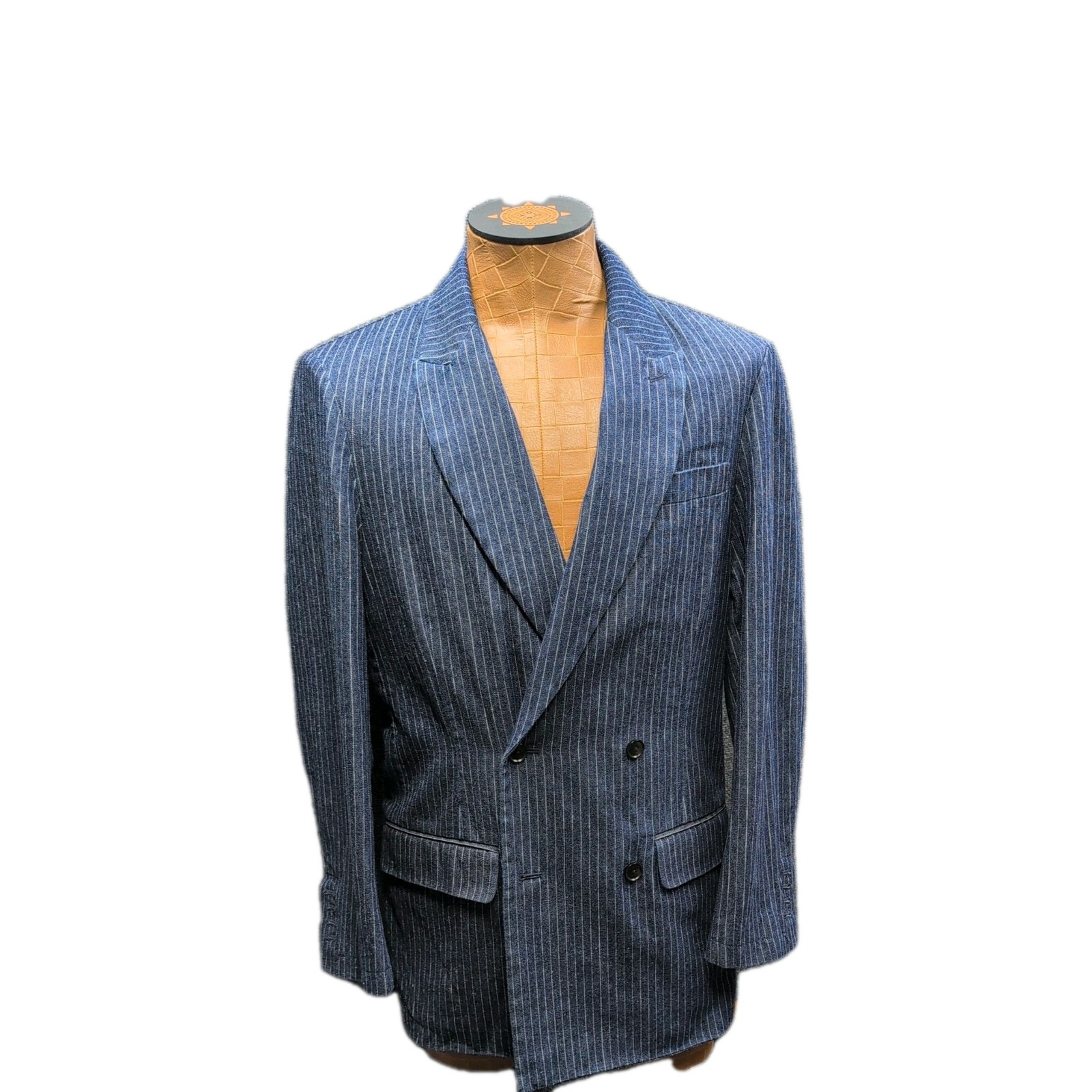 J. Peterman Co Blue Denim Striped Unlinered Double Breasted Cotton Jacket Blazer