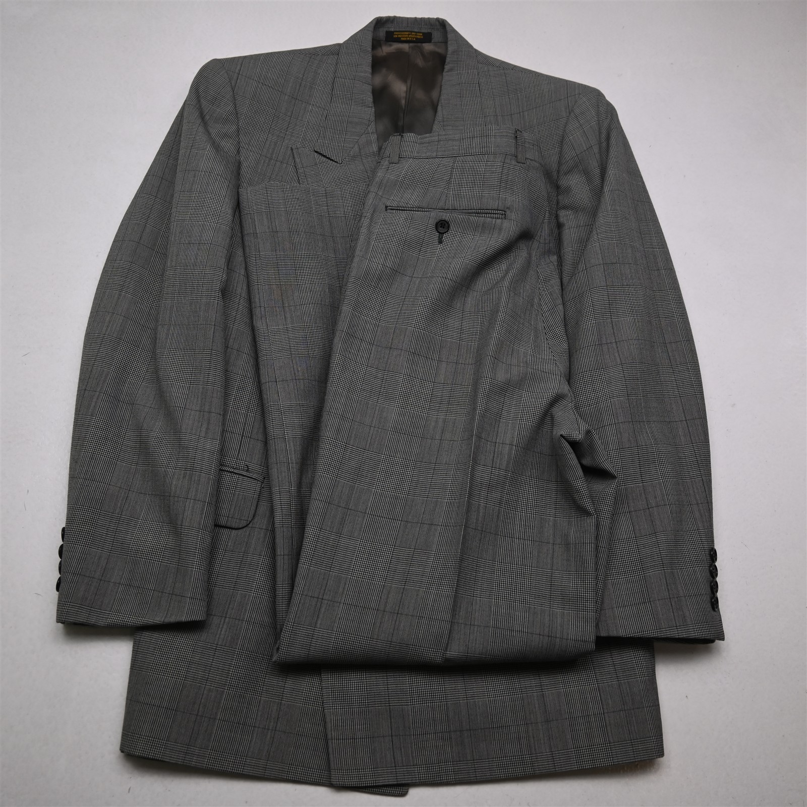 Vtg USA Double Breasted 42L 32×32 Gray Glenn Check Wool Mens Jacket Pants Suit