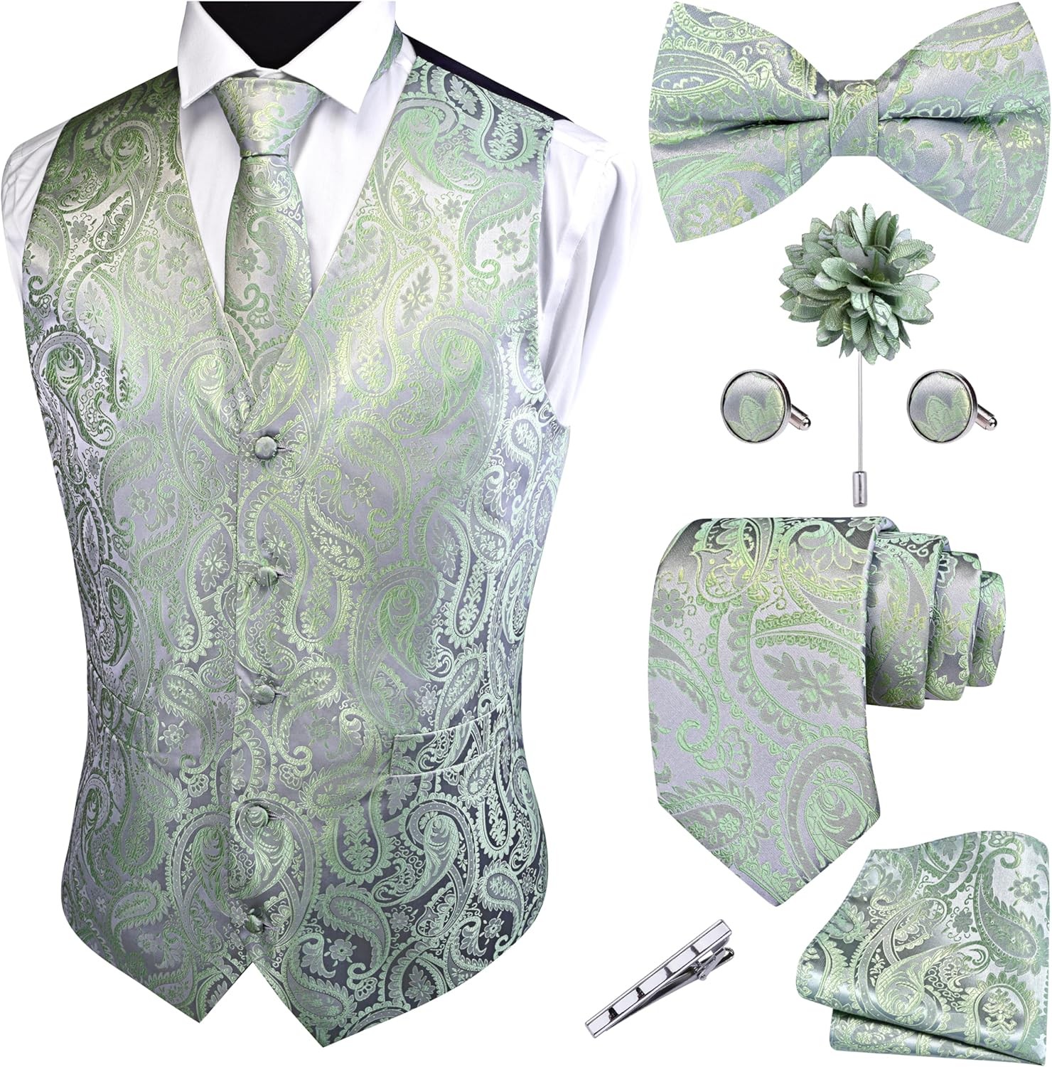7PC Men’s Formal Paisley Jacquard Vest Tie Set Wedding Business Party Waistcoat